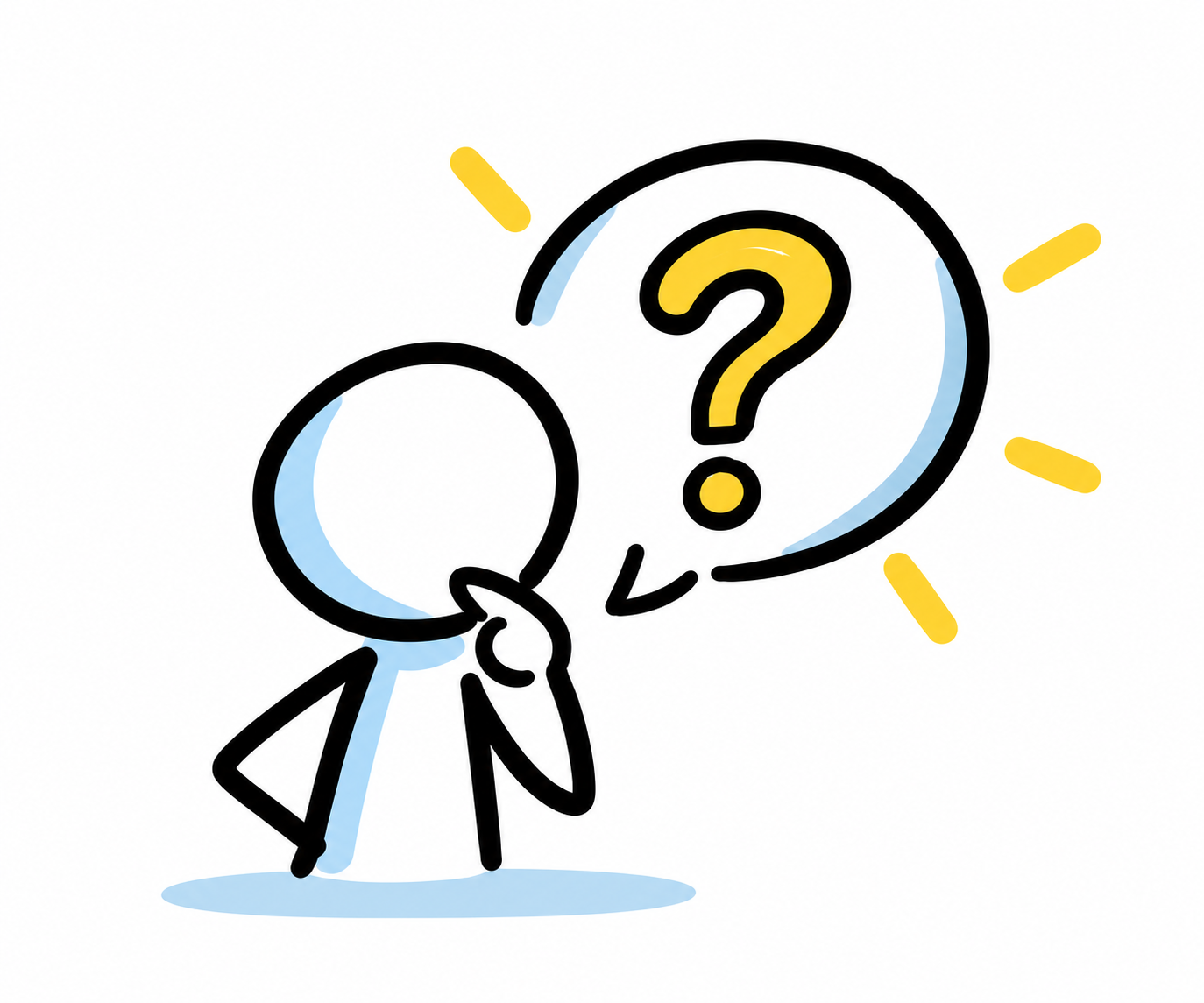 A stickman thinking about something with a question mark thought bubble beside them with a yellow question mark inside the buble.