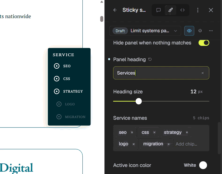 Sticky service panel updating automatically as a visitor scrolls through Squarespace portfolio sections