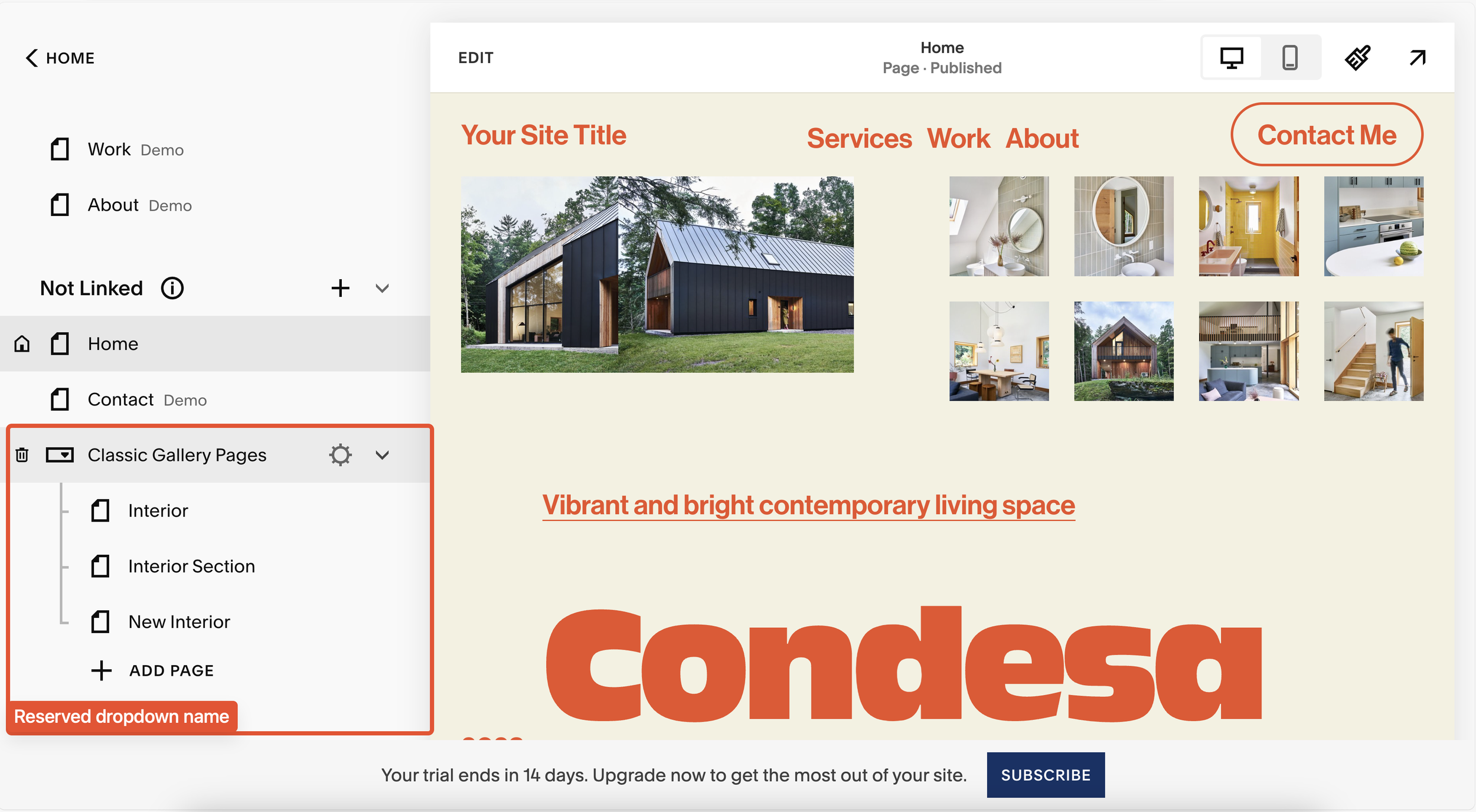 Classic Gallery Pages dropdown
