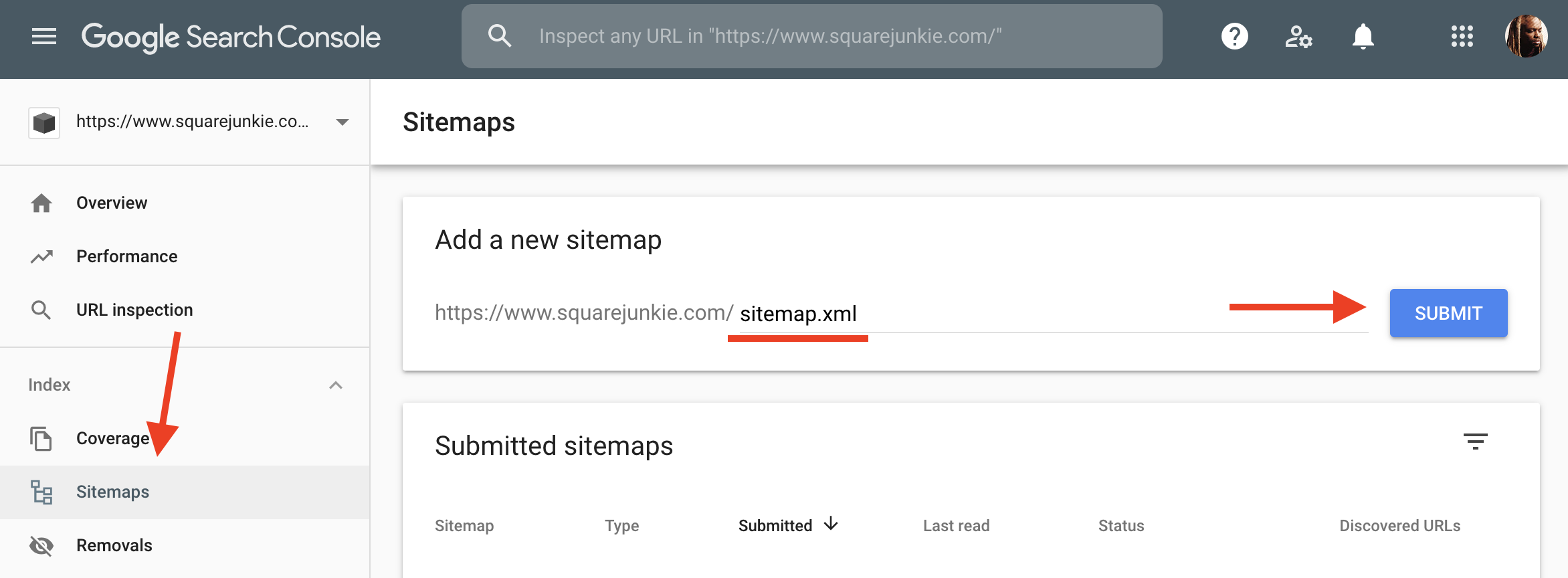 Example adding sitemap from Squarespace