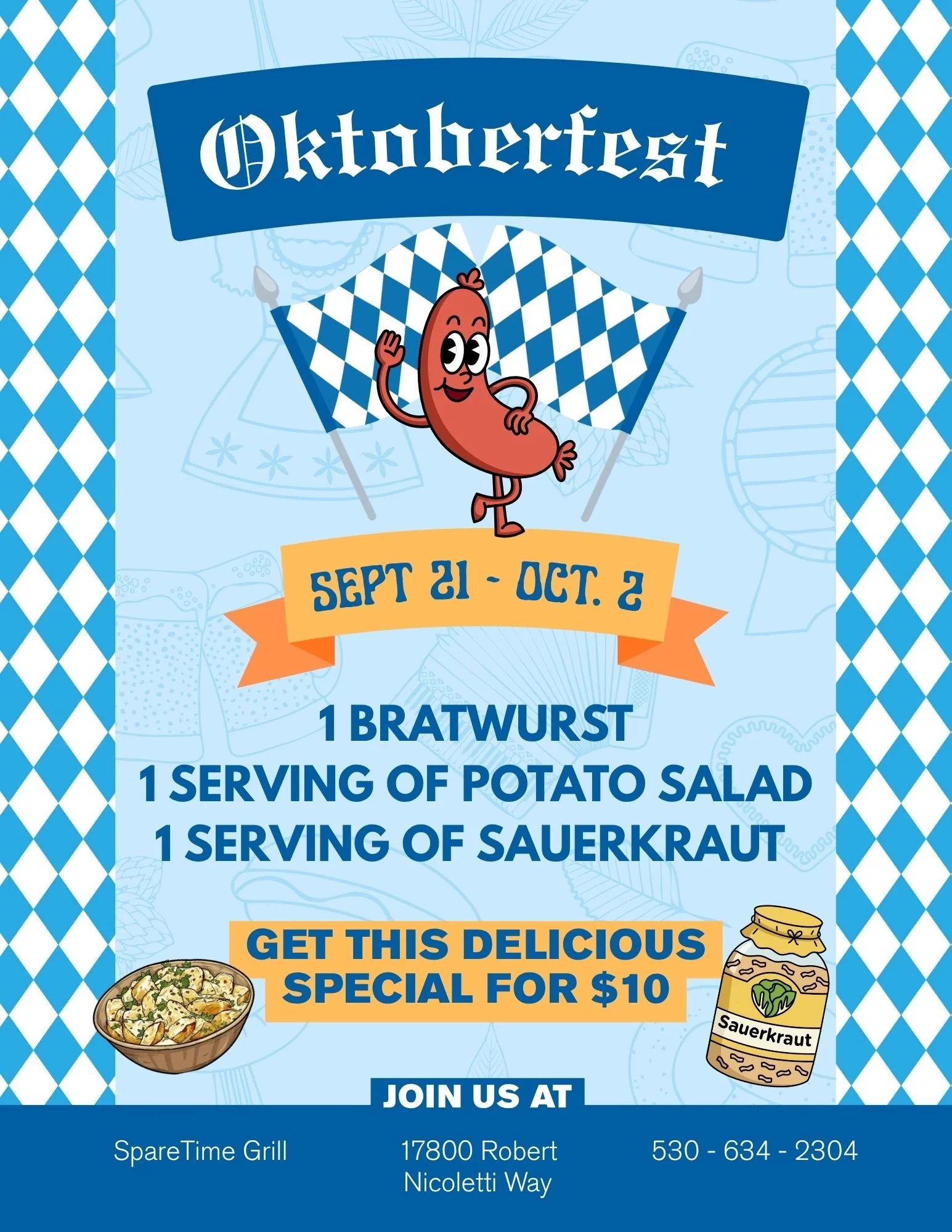 A colorful flyer advertising an Oktoberfest event from September 21 to October 2. Features a cartoon sausage character waving, with blue and white checkered patterns, beer mugs, and text about food specials including bratwurst, potato salad, and sauerkraut. Includes event location and contact information at the bottom.