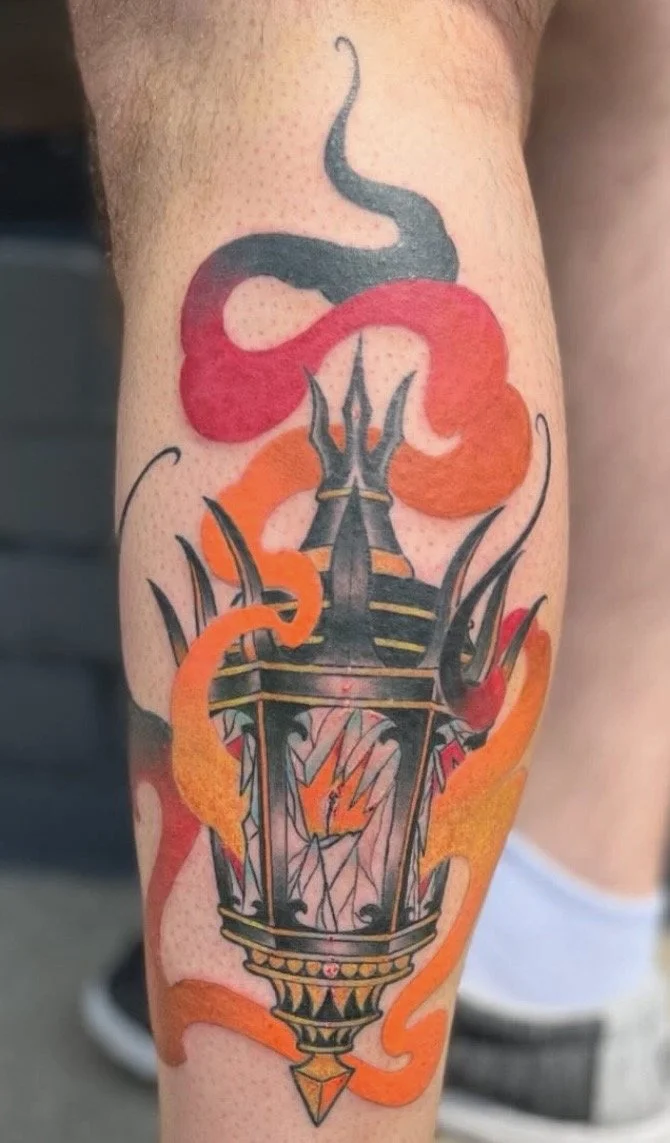 Neo traditional colorful lantern tattoo on a leg by Altered Tattoo Co