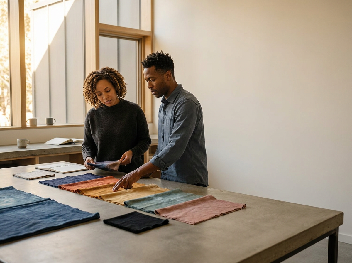 Two people examining fabric swatches on a table in a well-lit room with large windows.