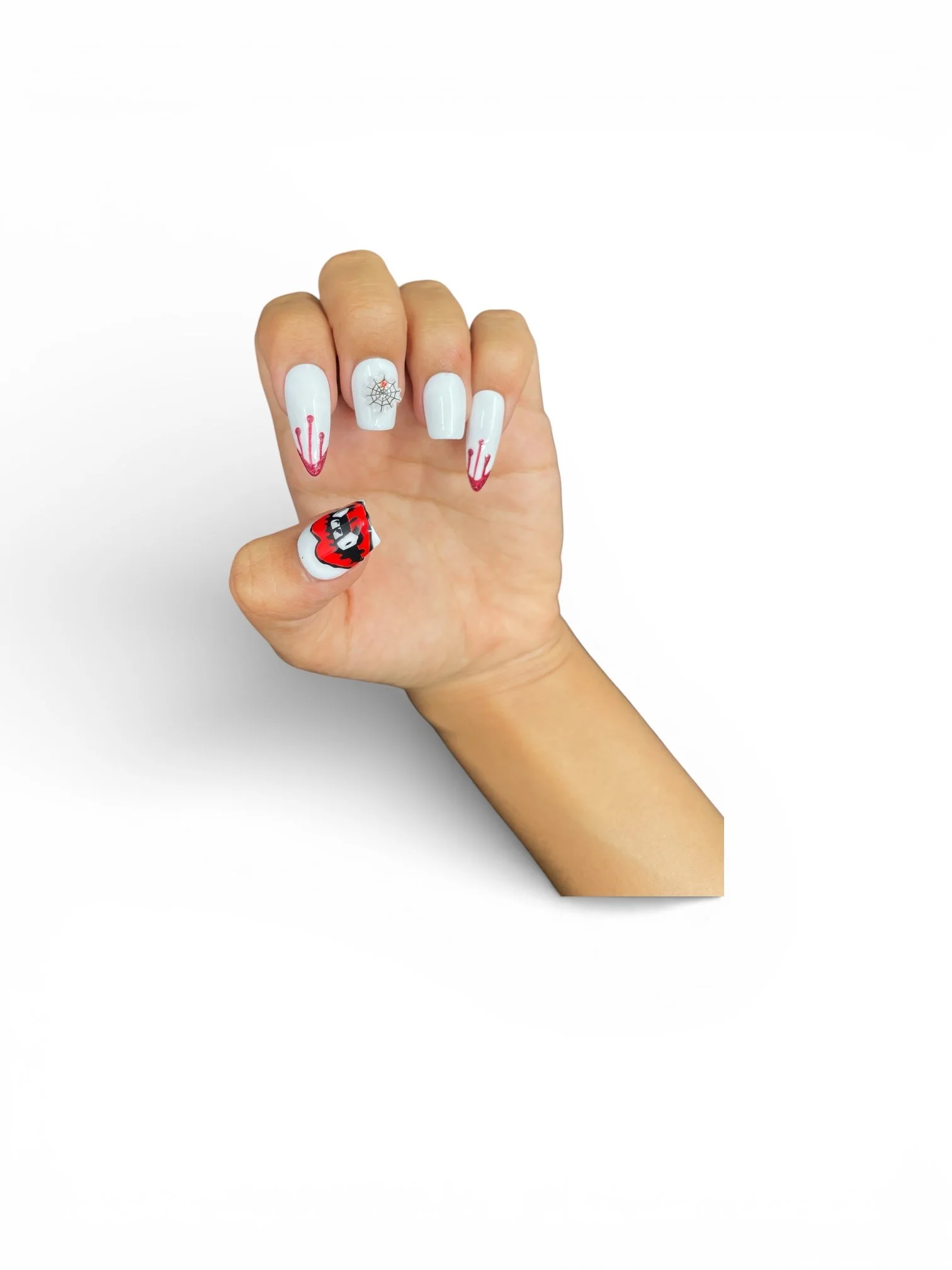 hand Halloween vampire press-on nails in square and stiletto shapes with red fangs, black details, and dripping blood nail art.