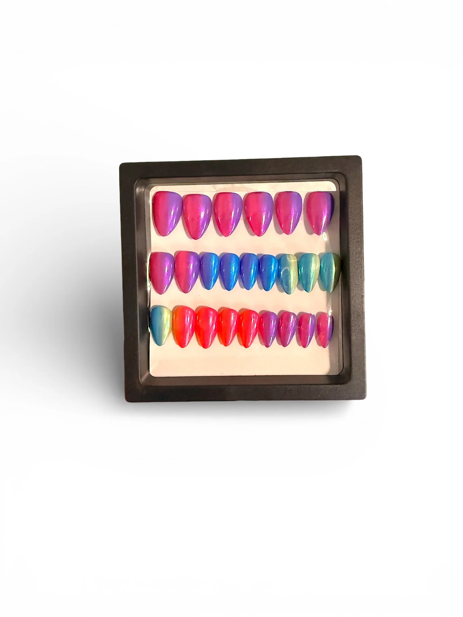 Rainbow ombré chrome almond-shaped press-on nails featuring shimmering pink, purple, blue, teal, and green gradients with a glossy, iridescent metallic finish.   short