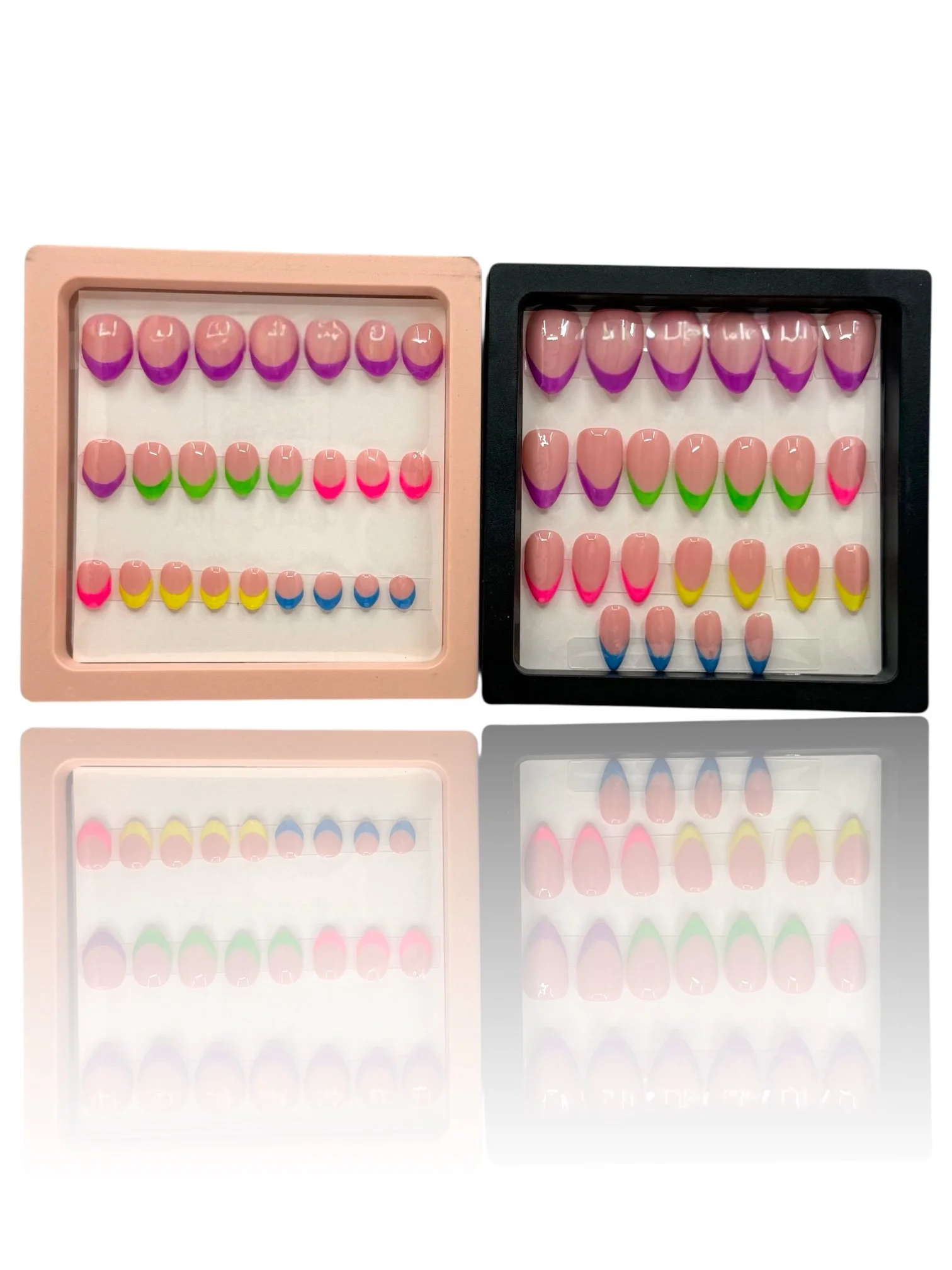 Glow-in-the-dark almond press-on nails with nude pink bases and colorful neon rainbow French tips in purple, green, pink, yellow, and blue.