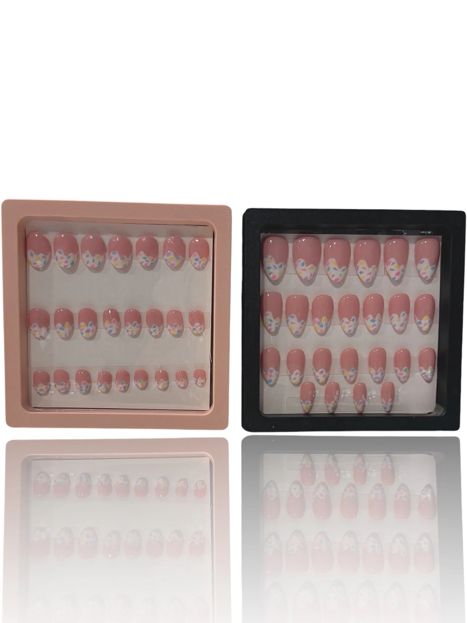 Glow-in-the-dark almond press-on nails with glossy pink bases and colorful pastel ice cream-inspired French tips.