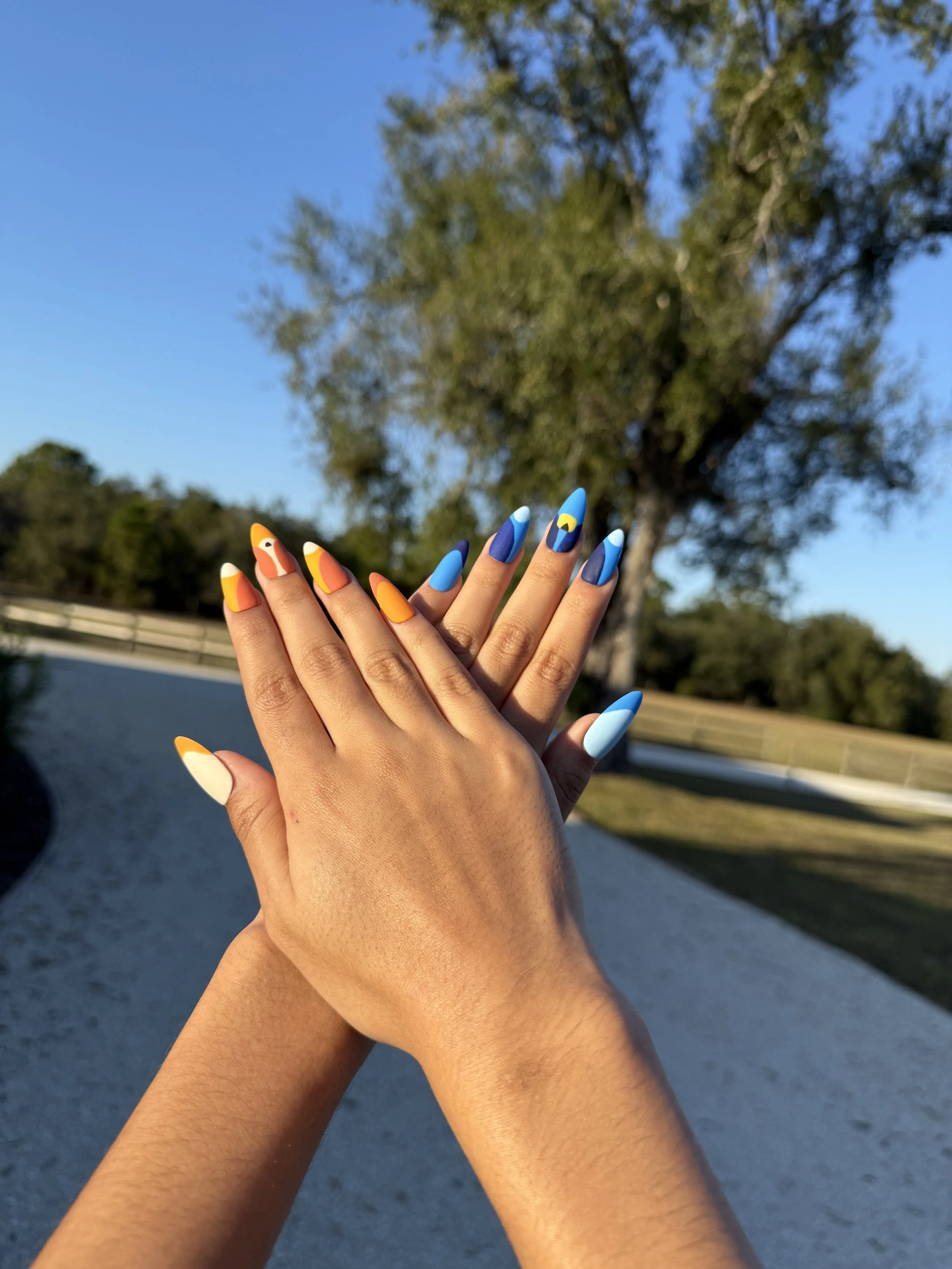 Two hands with colorful, artistic nail designs held up in front of a tree and blue sky.