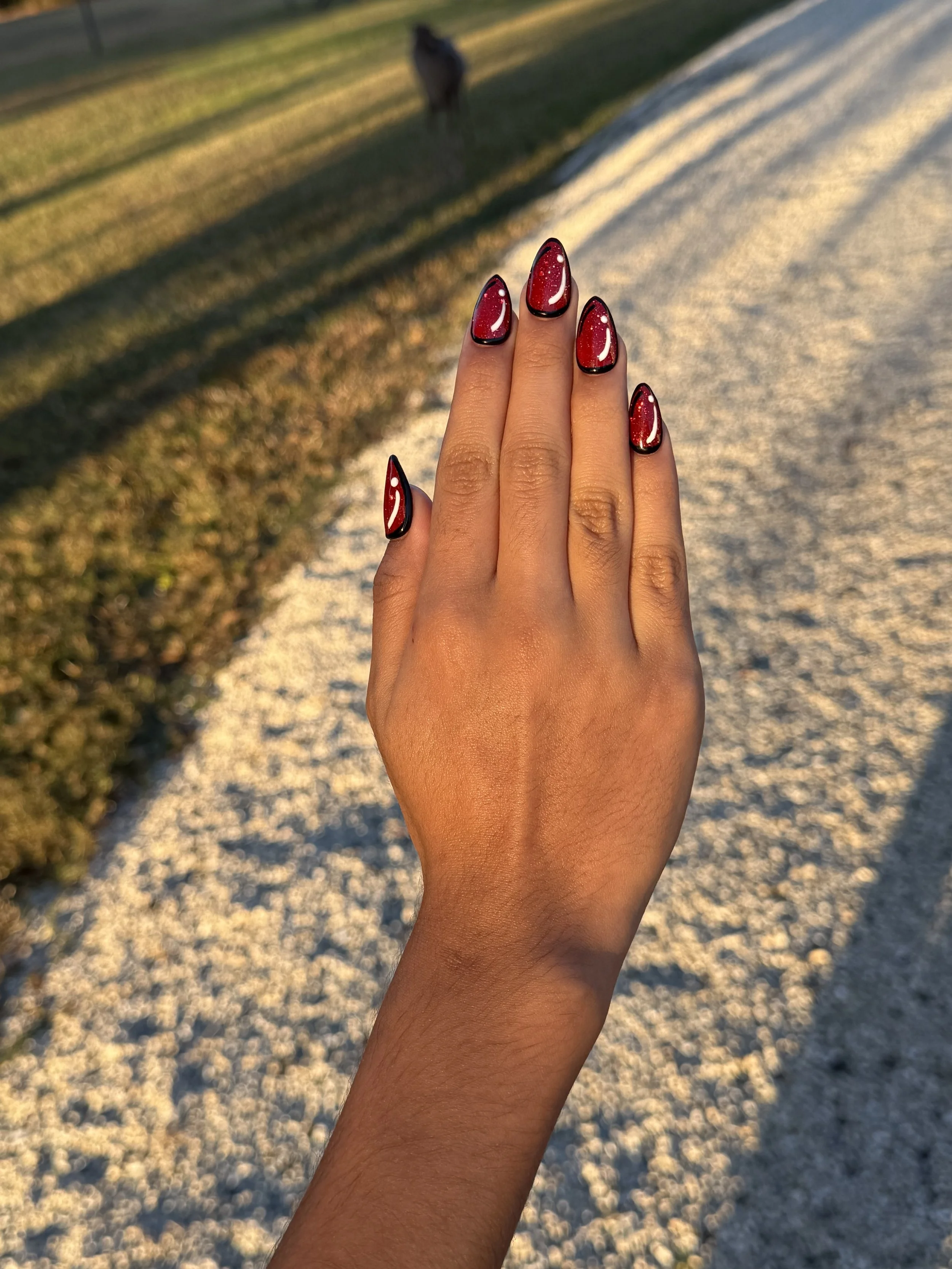 Close-up of a hand with red and black painted nails, held up outdoors during sunset, with a dog in the background on a grassy area near a gravel path.