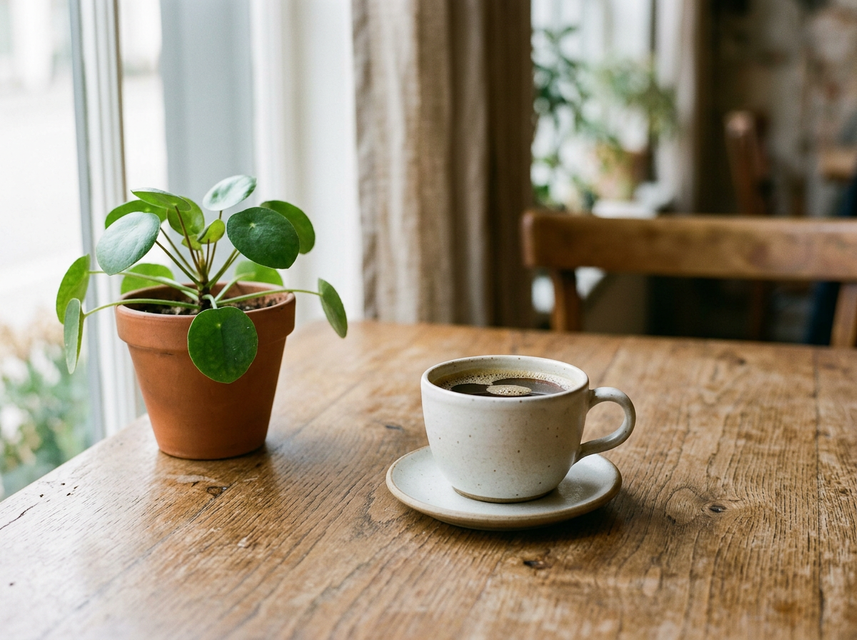 Mug and plant on a sunny windowsill