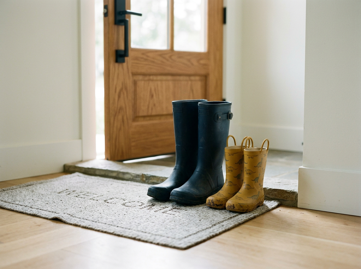 Adult and child rain boots by a door, for a page on working with a parenting therapist