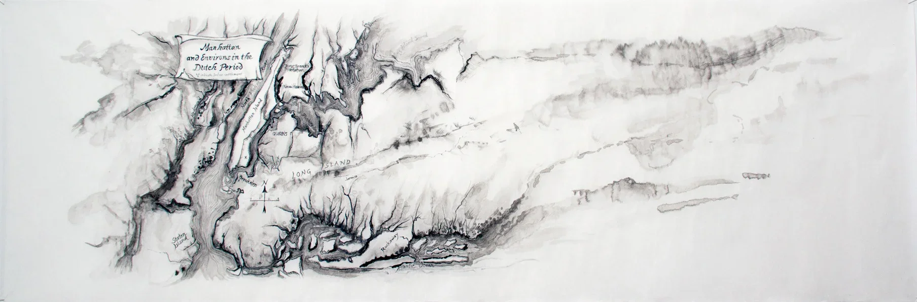 Cartographic Series created for the Rhunhattan [Tearoom] installation at Wave Hill, Bronx, New York. Ink on "Skin" paper, 18" x 60", 2015