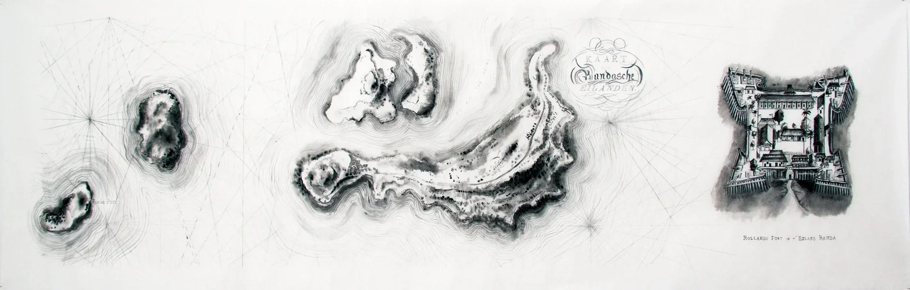 Cartographic Series created for the Rhunhattan [Tearoom] installation at Wave Hill, Bronx, New York. Ink on "Skin" paper, 18" x 60", 2015