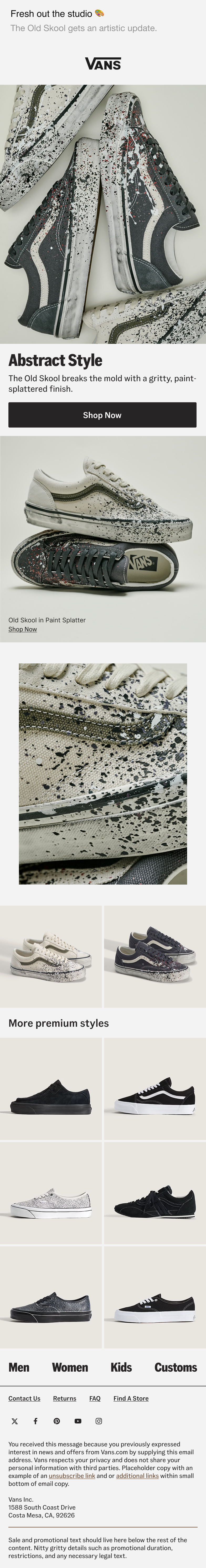 An advertisement for Vans showcasing their surreal, abstract style sneakers with paint-splattered finishes. The ad features several images of sneakers in different styles and colors, highlighting their artistic, graffiti-inspired design.