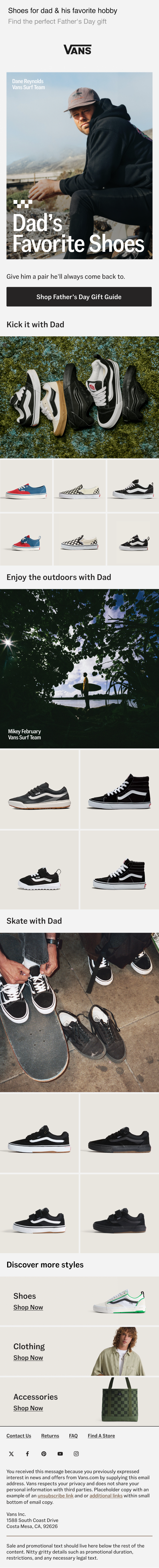 A promotional webpage for Vans shoes celebrating Father's Day, featuring a man in outdoor gear and various sneaker styles for outdoor activities, skateboarding, and casual wear.