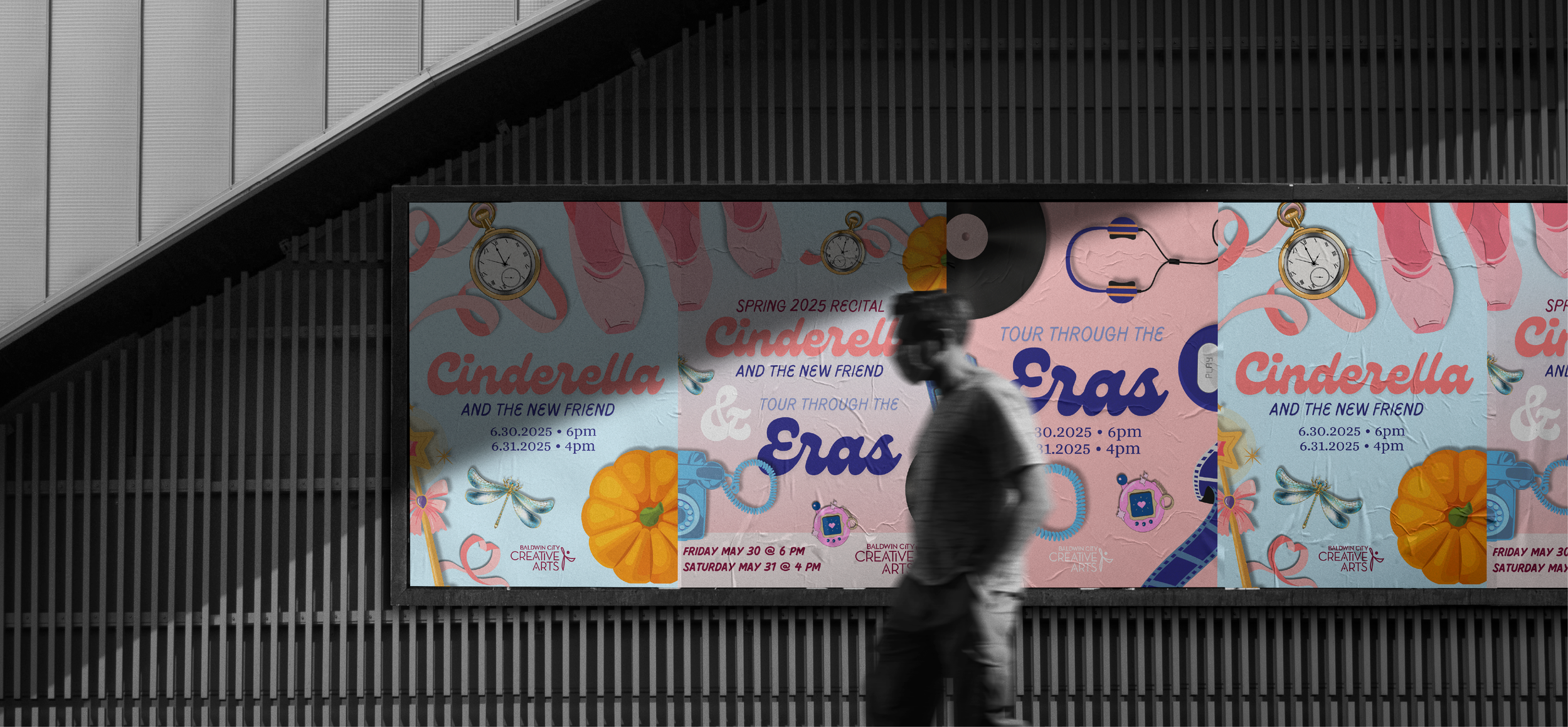 A billboard advertisement for a spring 2025 recital of Cinderella and the New Friend, with event dates May 30 and 31, located on a building wall, with a person walking in front.