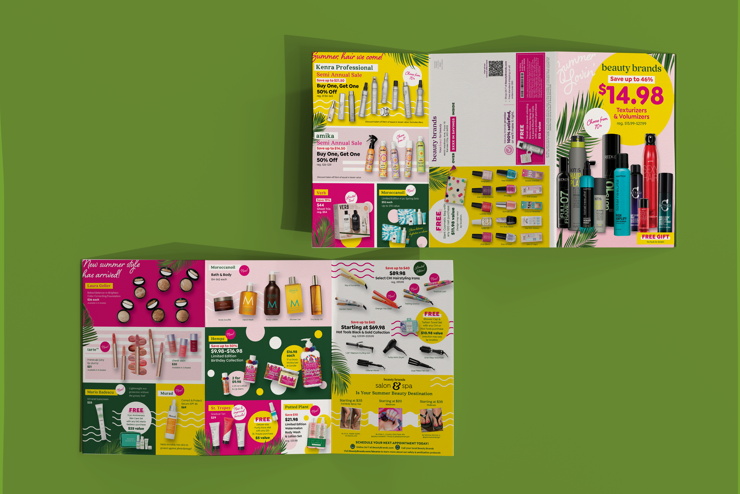 Colorful flyer advertising beauty and spa products, including hair care, skincare, and body care items, with discounts and special offers.