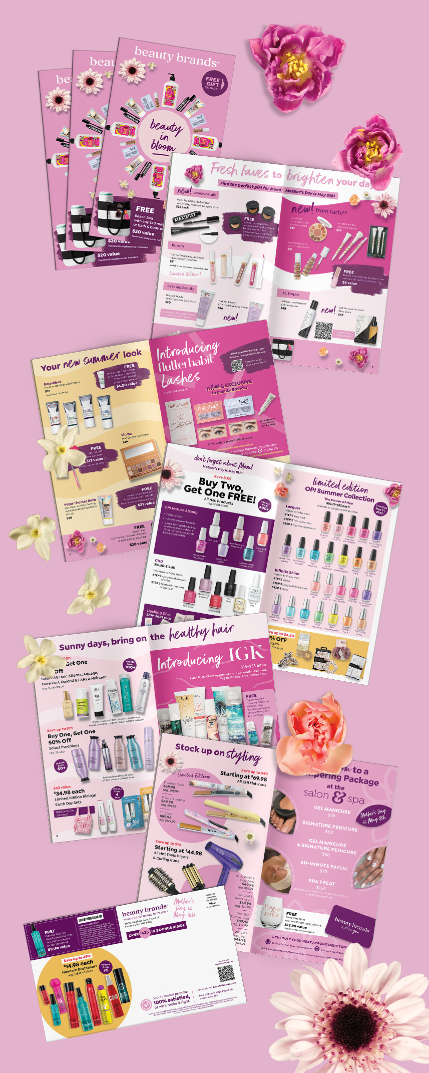 Collection of beauty and cosmetic flyers and coupons decorated with pink flowers on a pink background.