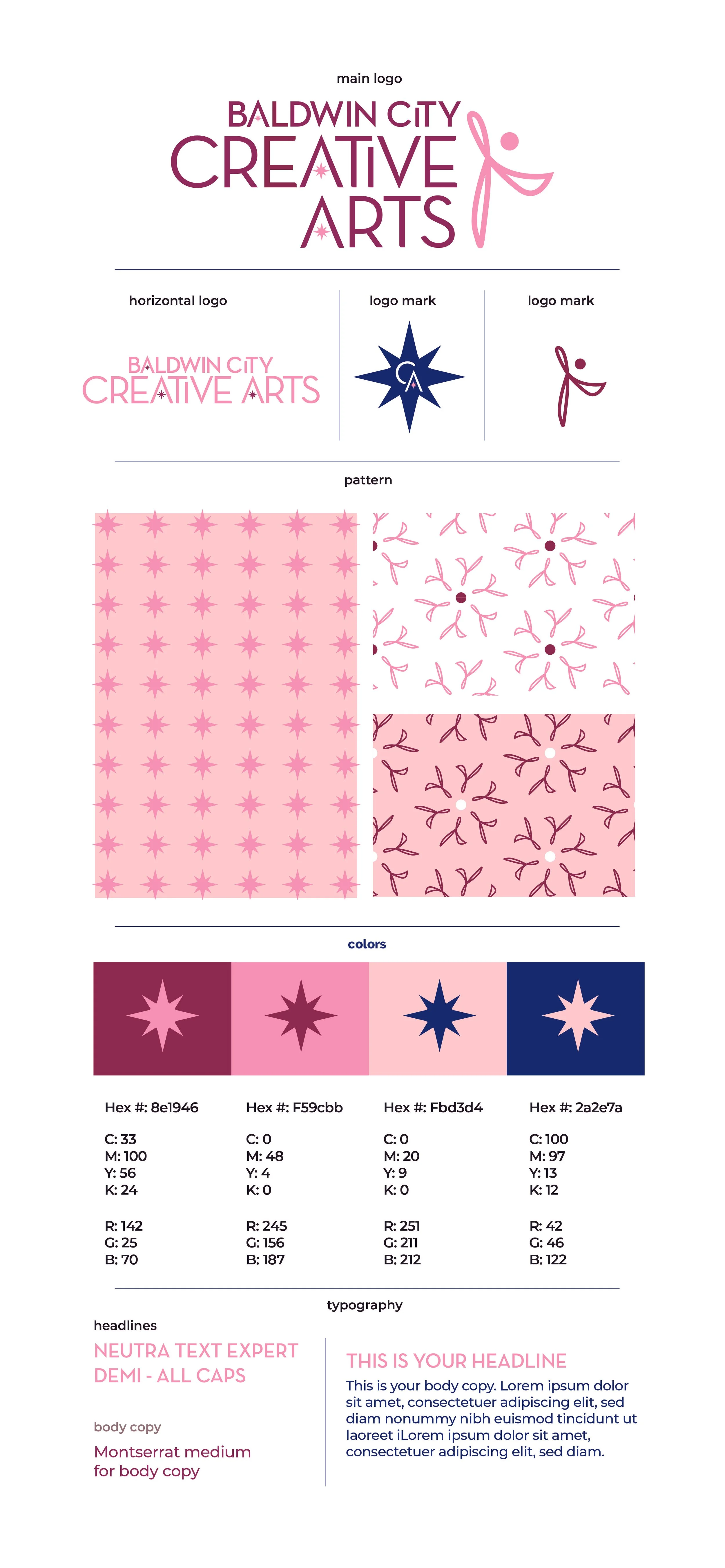 Design guide for Baldwin City Creative Arts logo, featuring logo variations, patterns, color palette, and typography examples for branding.
