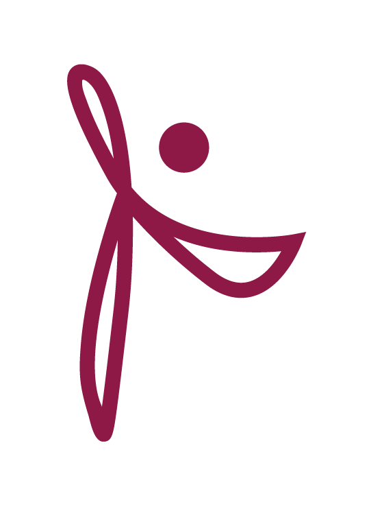 Stylized abstract figure with a circular head, thin body, and flowing shapes, in purple on a black background.