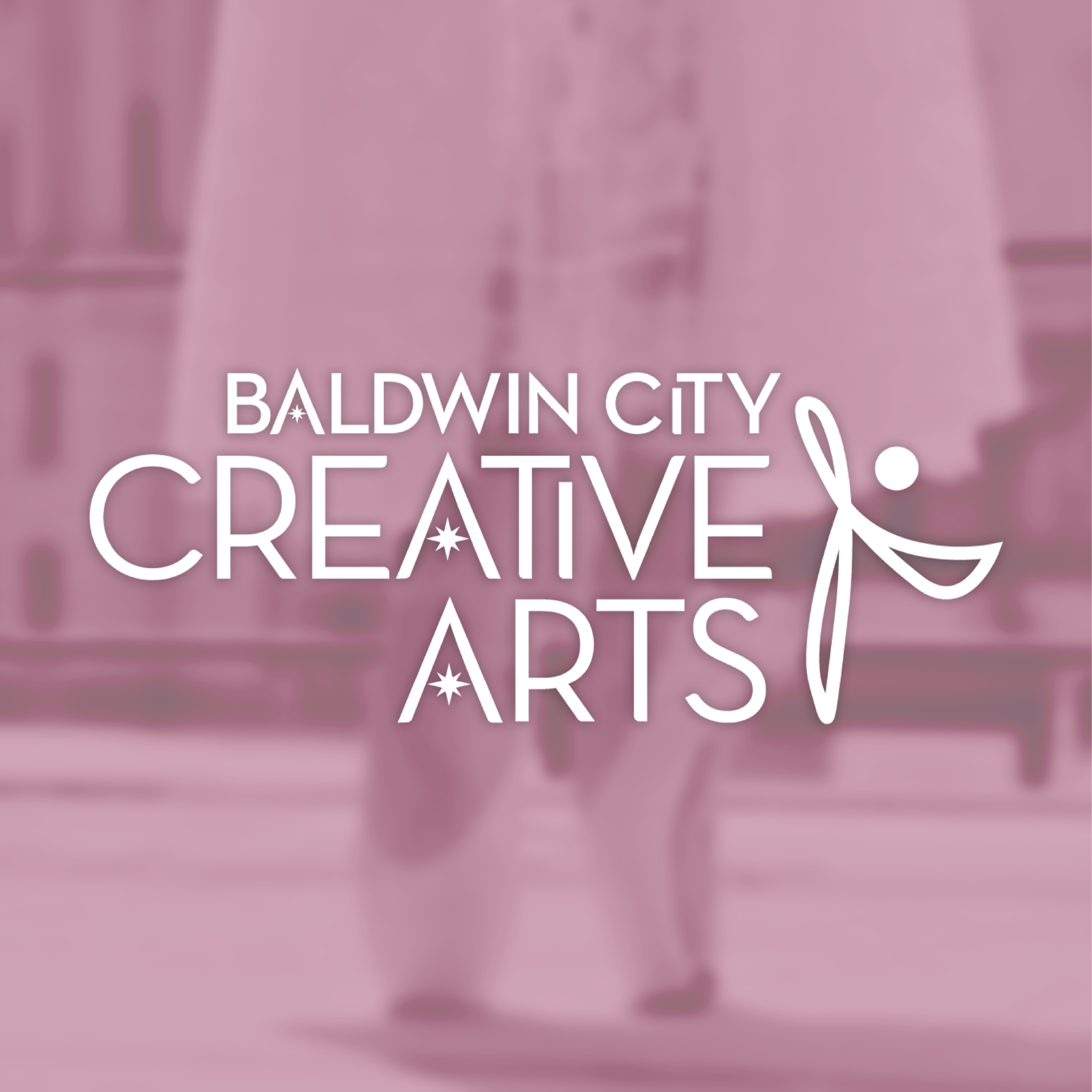 Text overlay on a pink background reads "Baldwin City Creative Arts."
