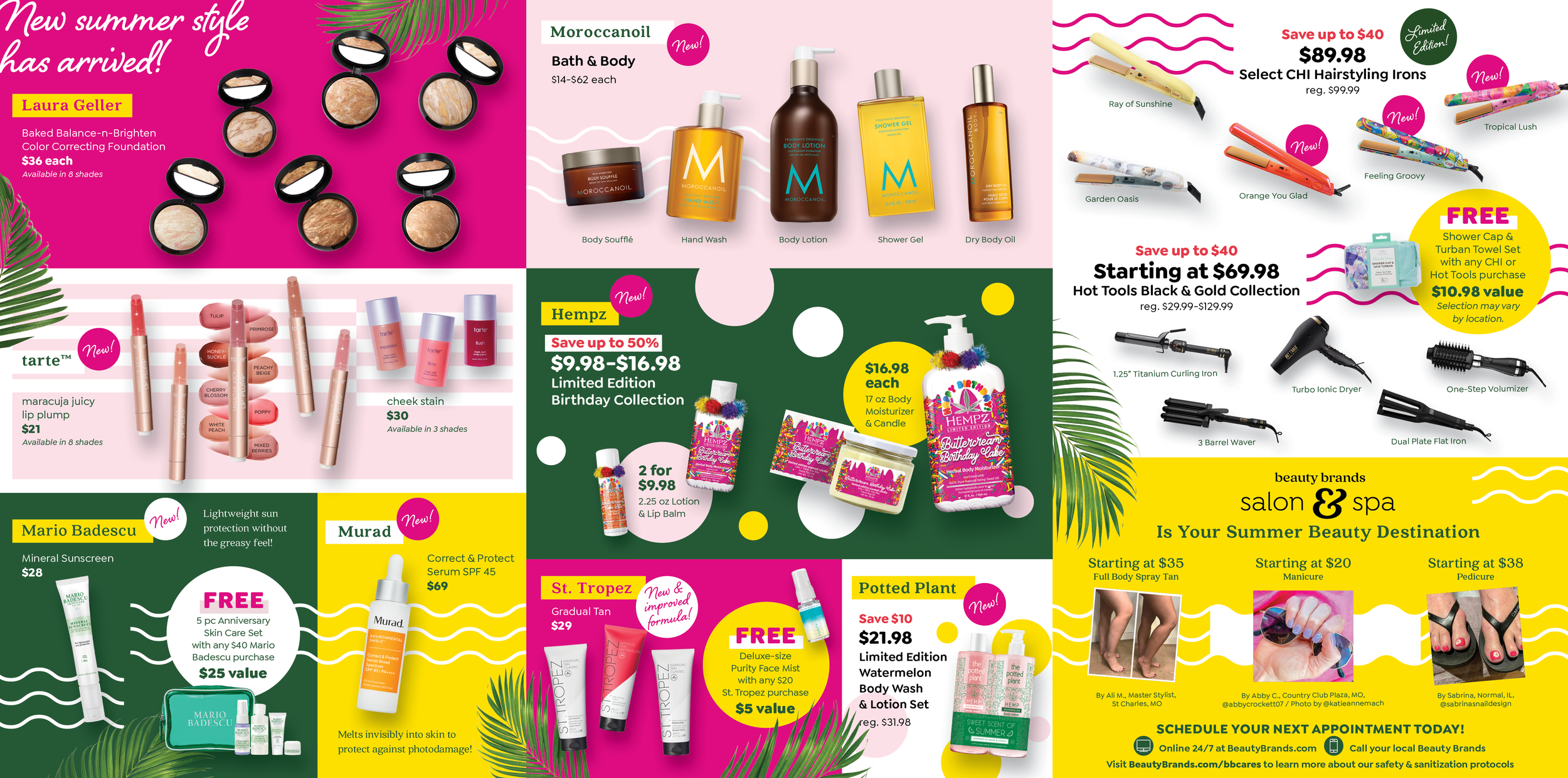 A colorful advertisement flyer for summer beauty and grooming products, featuring makeup items, skincare, hair styling tools, and body care products, with promotional prices and new product launches.