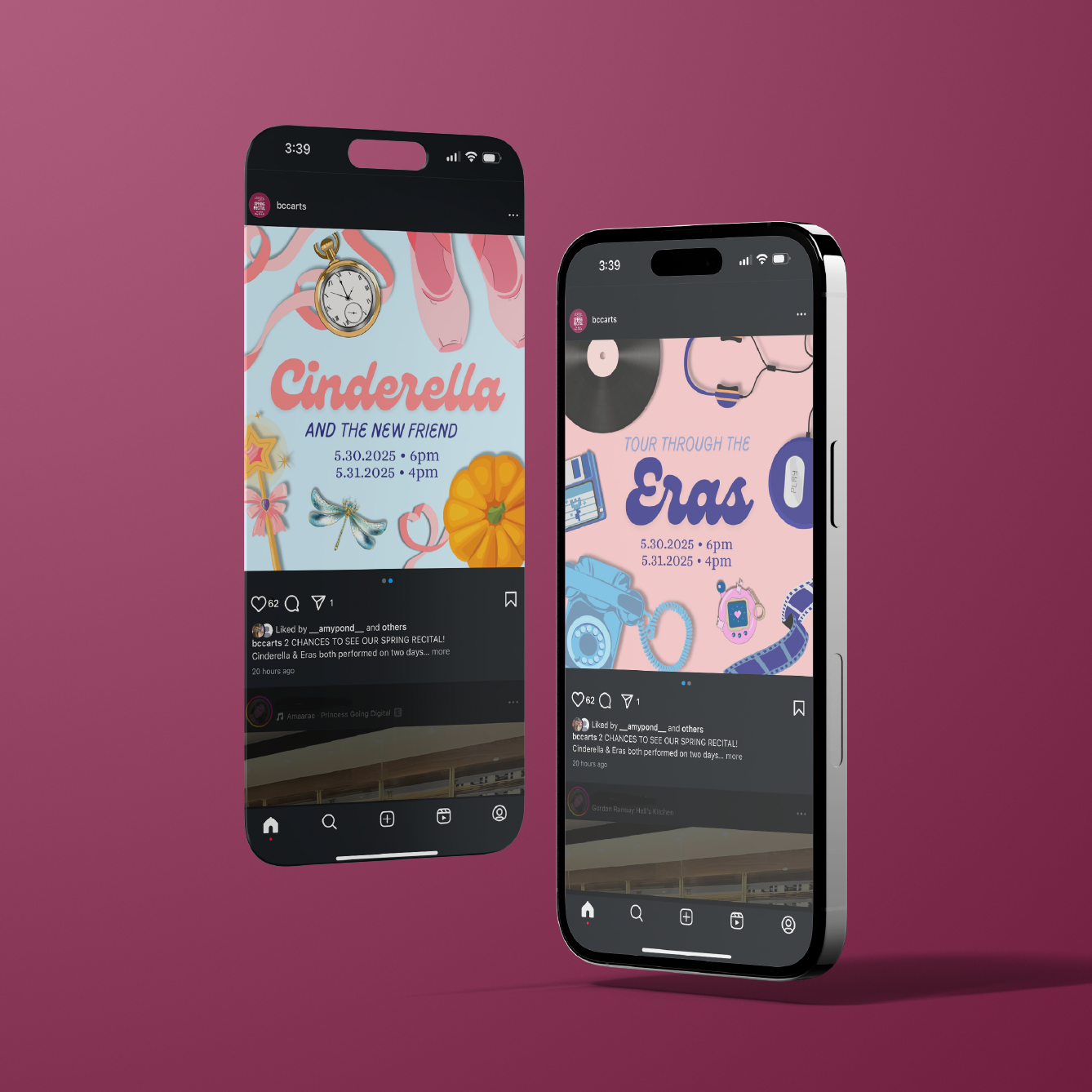 Two smartphones displaying Instagram posts with colorful backgrounds, advertising events for Cinderella and Eras, with date and time details, and surrounded by icons and playful illustrations.