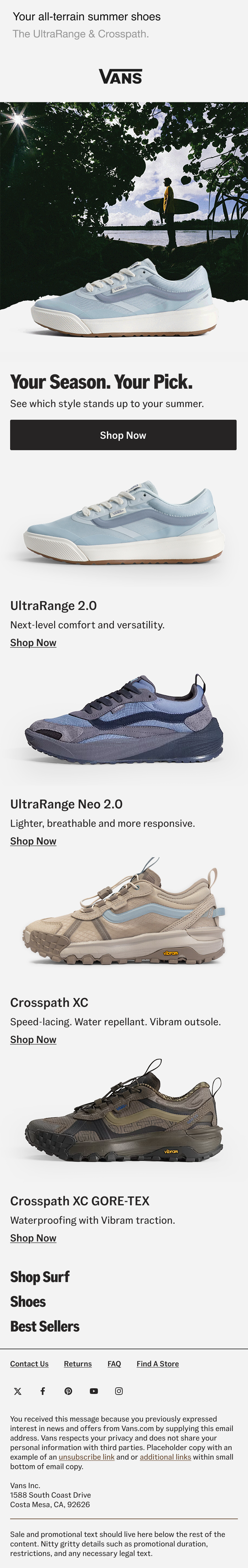 Advertisement for Vans summer shoes featuring multiple styles including UltraRange 2.0, UltraRange Neo 2.0, Crosspath XC, and Crosspath XC GORE-TEX, with a surfer holding a surfboard near a beach and trees in the background.