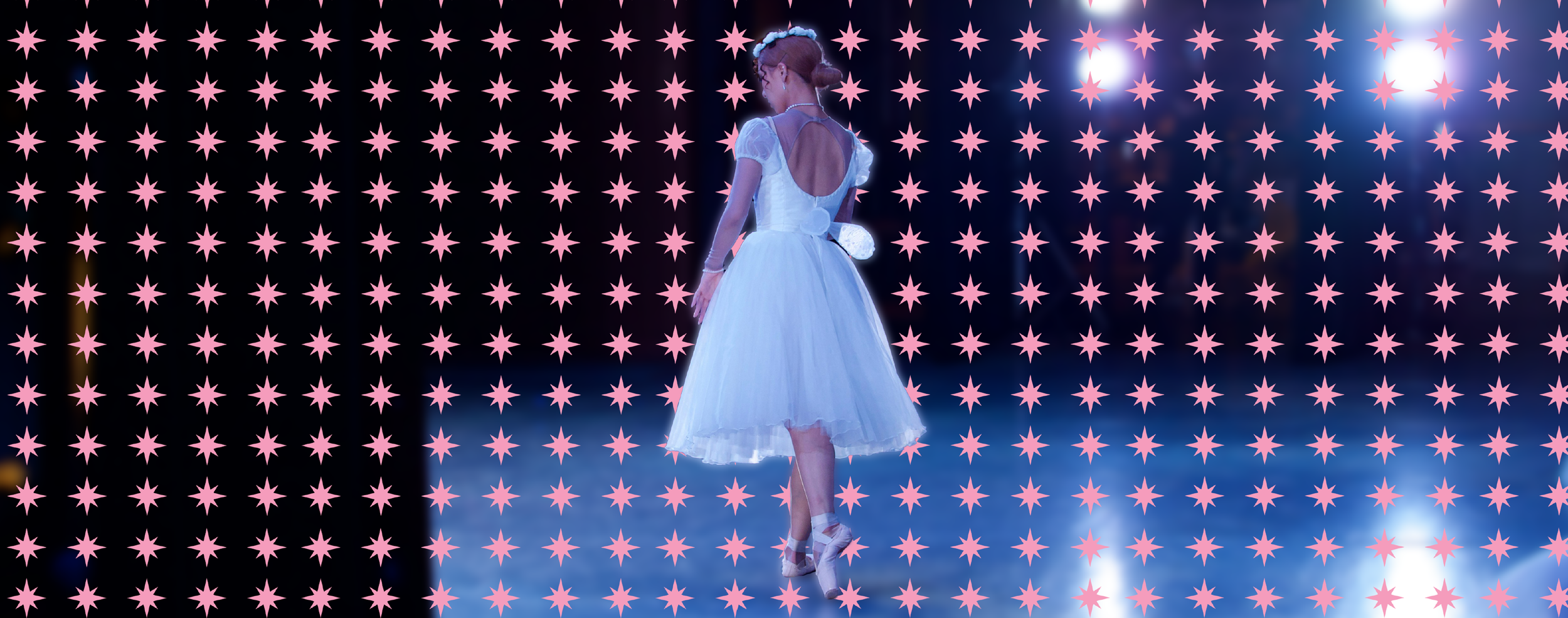 A woman in a vintage-style white dress with a petticoat, standing on stage with a backdrop of pink star shapes and bright stage lights.