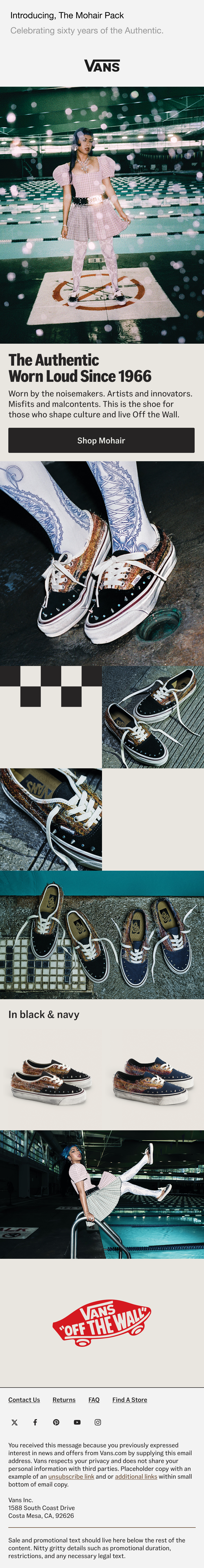 Vans advertisement featuring models wearing the Mohair Pack shoes, with close-up images of different Vans sneakers, including black and navy color options, and a person balancing on a skateboard at an indoor pool, celebrating Vans' sixtieth anniversary.