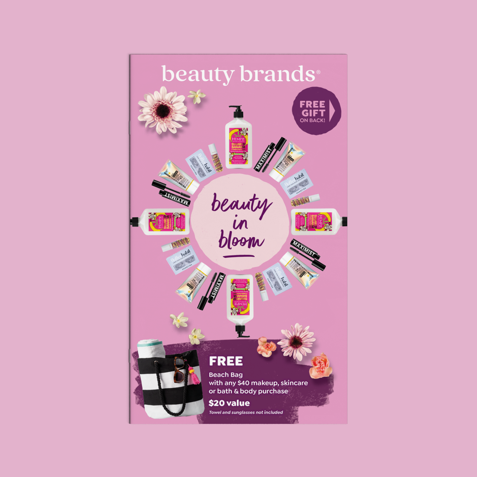 Pink promotional flyer advertising beauty products and a free beach bag offer at Beauty Brands with floral accents.