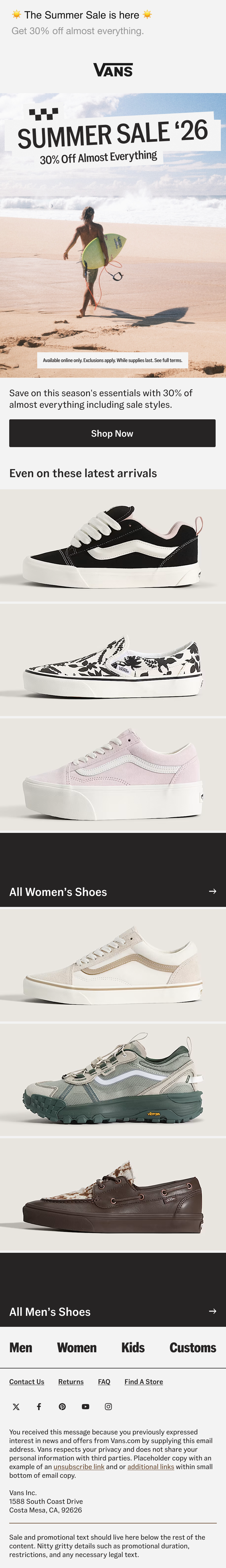 Vans summer sale advertisement showing a person walking on the beach with a surfboard. The ad features information about the summer sale with 30% off almost everything, and displays various women’s and men’s shoes.