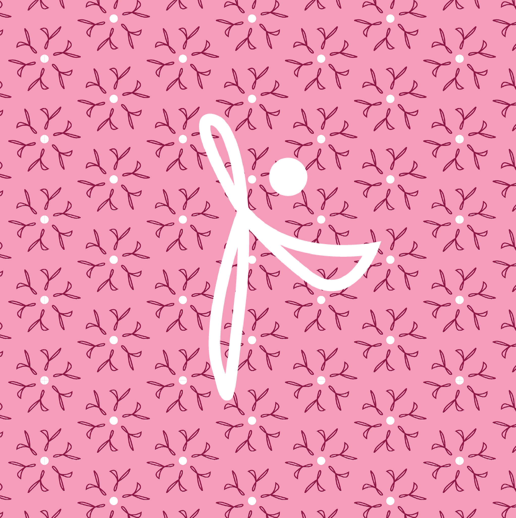 Pink background with black bow patterns and white dots, featuring a white silhouette of dancer in movement.