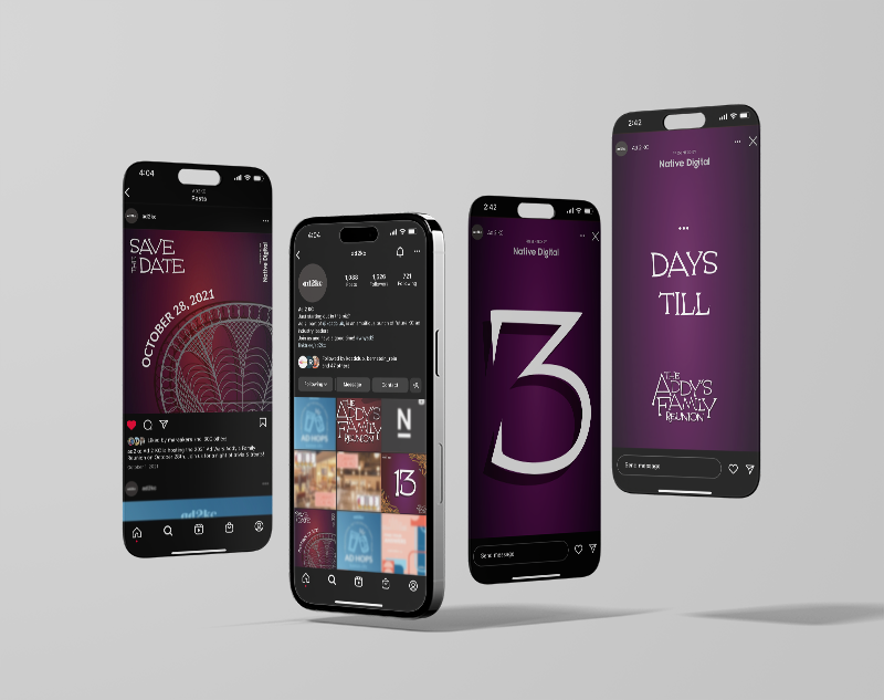 Four smartphones displaying social media posts and graphics related to a wedding or event on a light gray background.