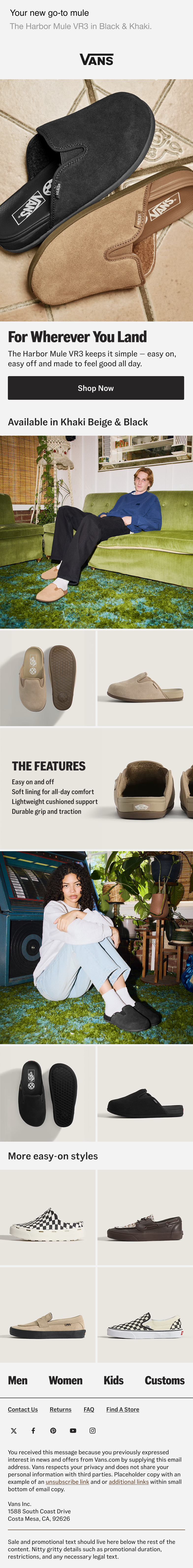An advertisement for Vans Harbor Mule VR3 shoes in black and khaki. The image features two pairs of slip-on shoes, one in black and the other in khaki. The ad includes a woman sitting on a green couch, fitted with matching shoes, in a cozy, indoor setting. Additional images show the shoes' soles and styles, along with product features such as easy on/off and lightweight cushioning. The ad mentions the shoes are available in khaki, beige, and black, and highlights their comfort and style.