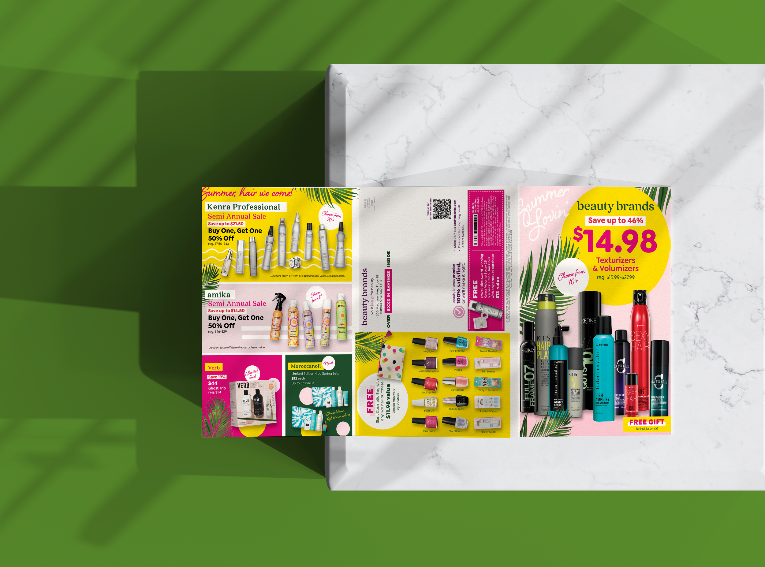 Flyer advertising beauty products and sales, with various bottles of hair and skincare items, discount offers, and colorful tropical-themed design elements on a green and white background.