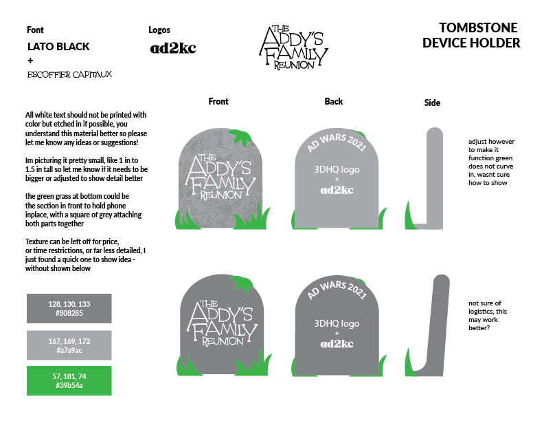 Design template for a tombstone device holder for a family reunion. Includes spaces for logos, front, back, and side views, with instructions for text and graphic elements, and color codes.