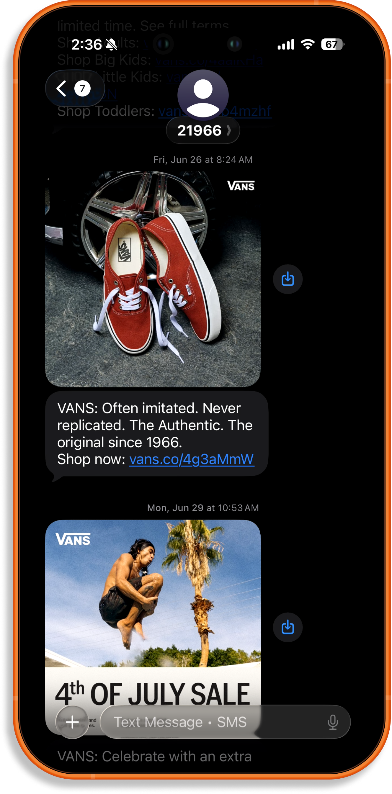 A smartphone screen displaying a message conversation with Vans shoes and a jumping man logo in the images. The first image shows a pair of red Vans sneakers placed on a concrete floor, with a chrome wheel in the background. The second image features a man jumping in front of a palm tree and blue sky, with a Vans logo in the top left corner.