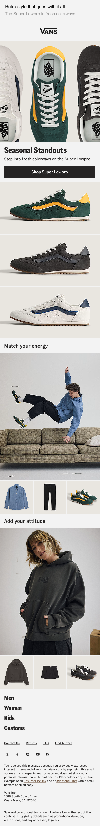 Vans sneaker collection advertisement featuring retro style sneakers in white, green, black, and white with blue, with the central focus on the green and yellow pair. Shows a person in casual clothing jumping on a couch. Also includes sections for women, men, kids, and custom shoes, along with links for shopping, contact, returns, FAQ, and store locator.