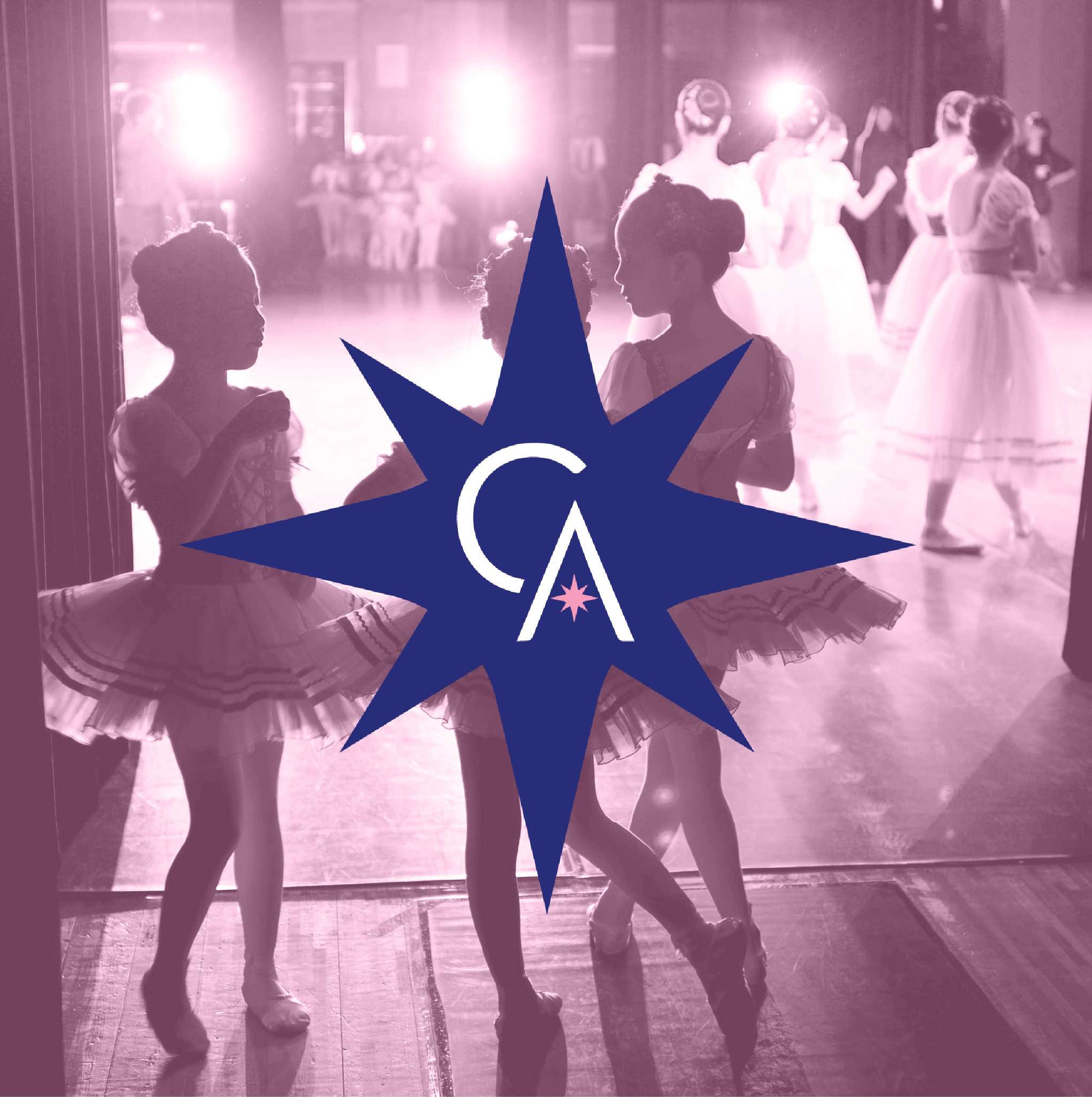 Three young girls dressed in ballet tutus and ballet slippers, practicing ballet dance in a dance studio with bright lights and a reflective floor.