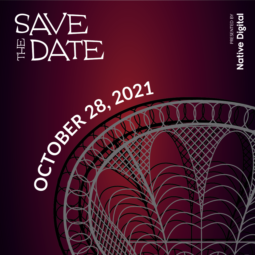 Save the date digital invitation for October 28, 2021, with a dark purple and red gradient background featuring an intricate black and purple geometric heart design.