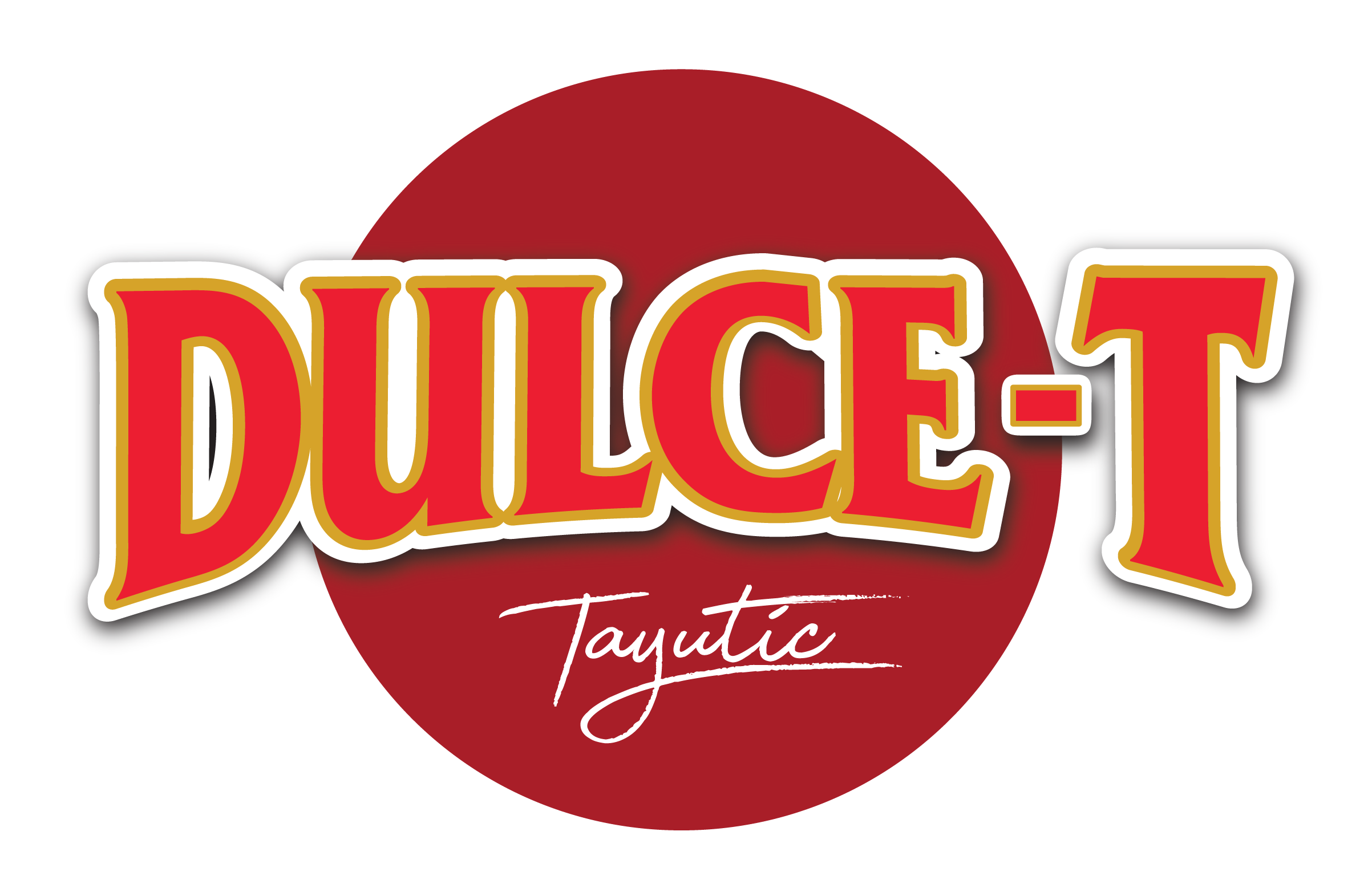 Logotipo de la marca Dulcie Tautic, con letras grandes rojas, borde blanco y negro, y fondo rojo con parte superior negra.