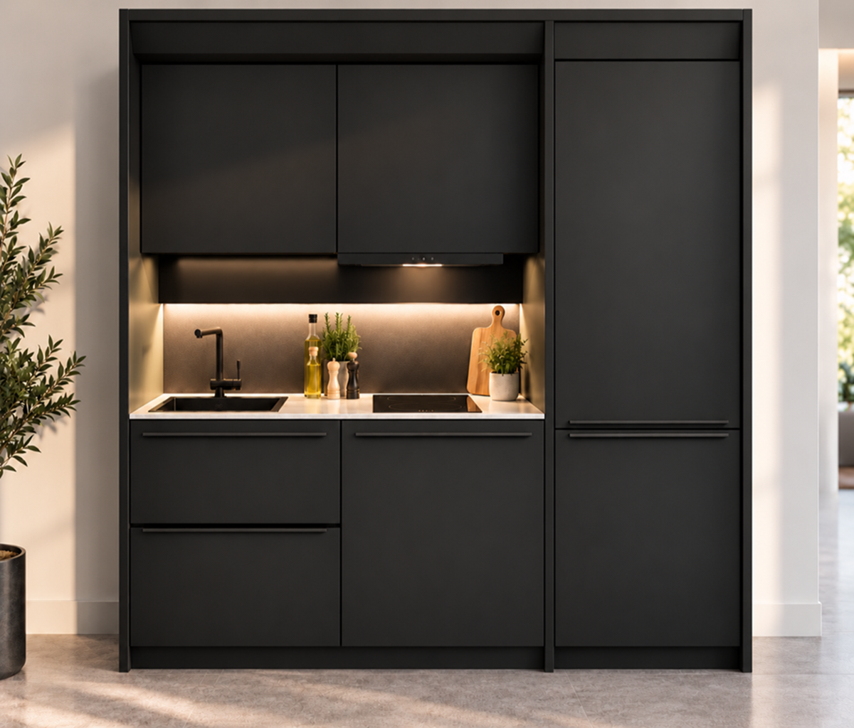Petite cuisine moderne avec armoires noires, évier noir, plaque de cuisson. Kitchenette : mini cuisine arche, autonome pour studio, design. Plusieurs largeurs disponibles : 120cm, 150cm et 180cm. Tout équipée avec lave-vaisselle et réfrigérateur.