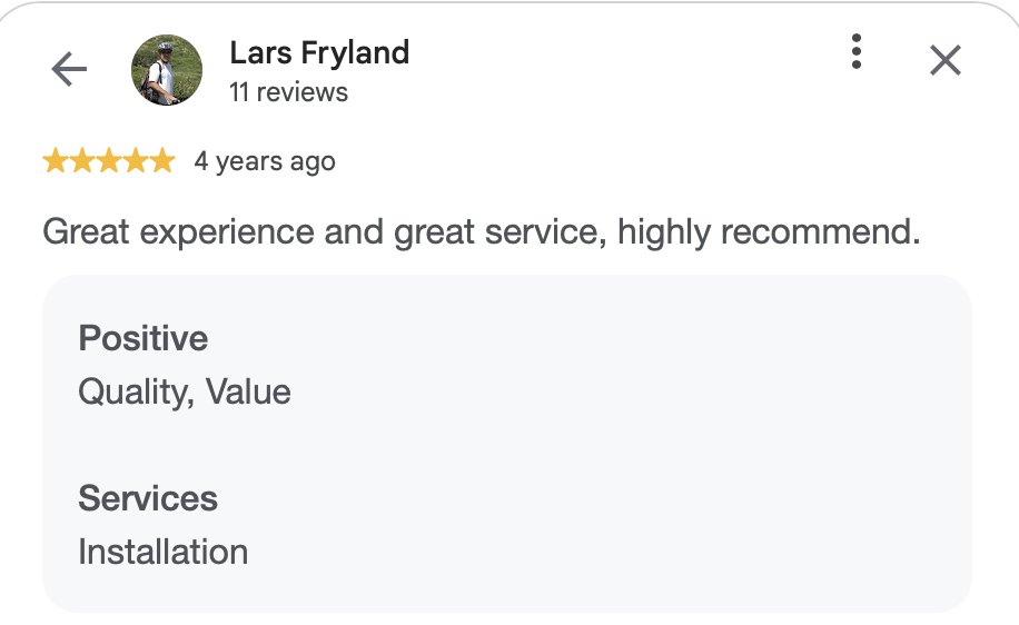 Review for Lars Fryland mentioning great experience, service, and installation.