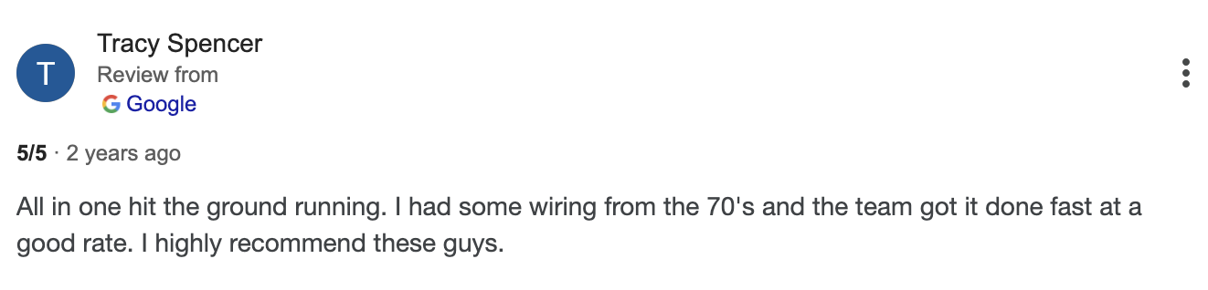 Review from Tracy Spencer praising a wiring team for fast and effective work done in the 70s.