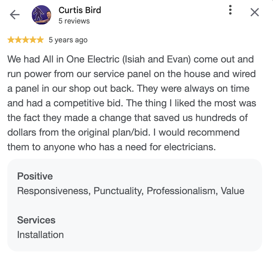 Screenshot of a five-star review by Curtis Bird praising All in One Electric for their punctuality, responsiveness, professionalism, and value, specifically highlighting their service of wiring a house and shop, and saving money with a change made du