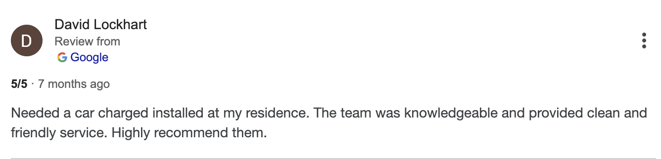 Screenshot of a Google review by David Lockhart praising a car charging service for being knowledgeable, clean, friendly, and highly recommended.