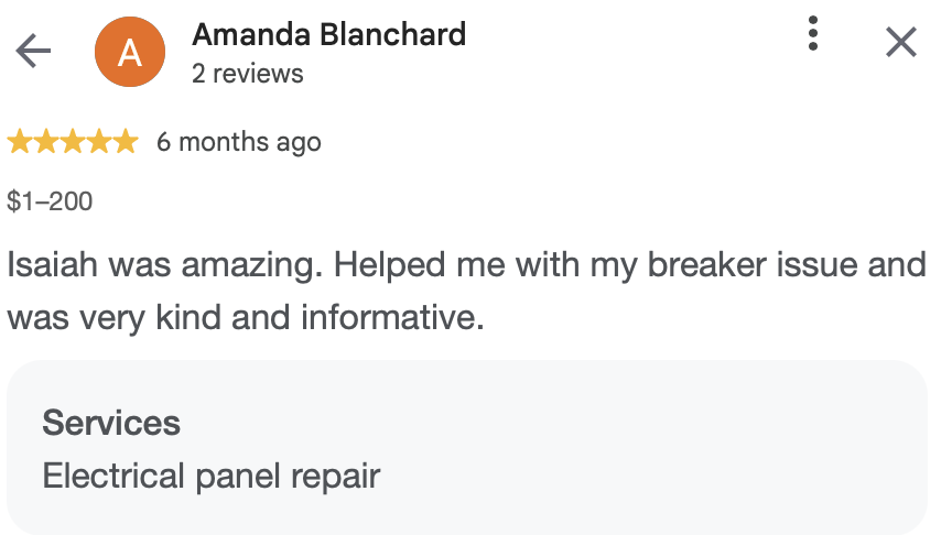 Screenshot of a Google review for a handyman service, featuring a 5-star rating, the review by Amanda Blanchard, mentioning electrical panel repair, and the review date six months ago.