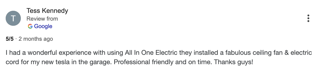 Screenshot of a Google review from Tess Kennedy praising All In One Electric for installing a ceiling fan and electric cord in her garage.