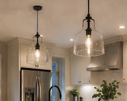 Pendant lights hanging over a kitchen with cream-colored cabinets and stainless steel fridge.
